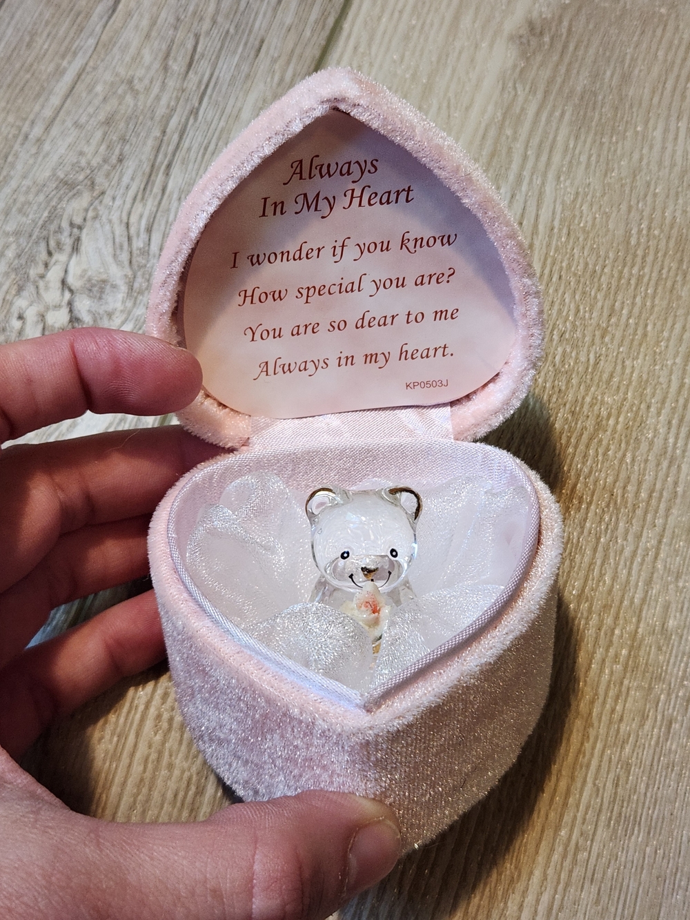Heart-Shaped Pink Velvet Trinket Box with Glass Teddy